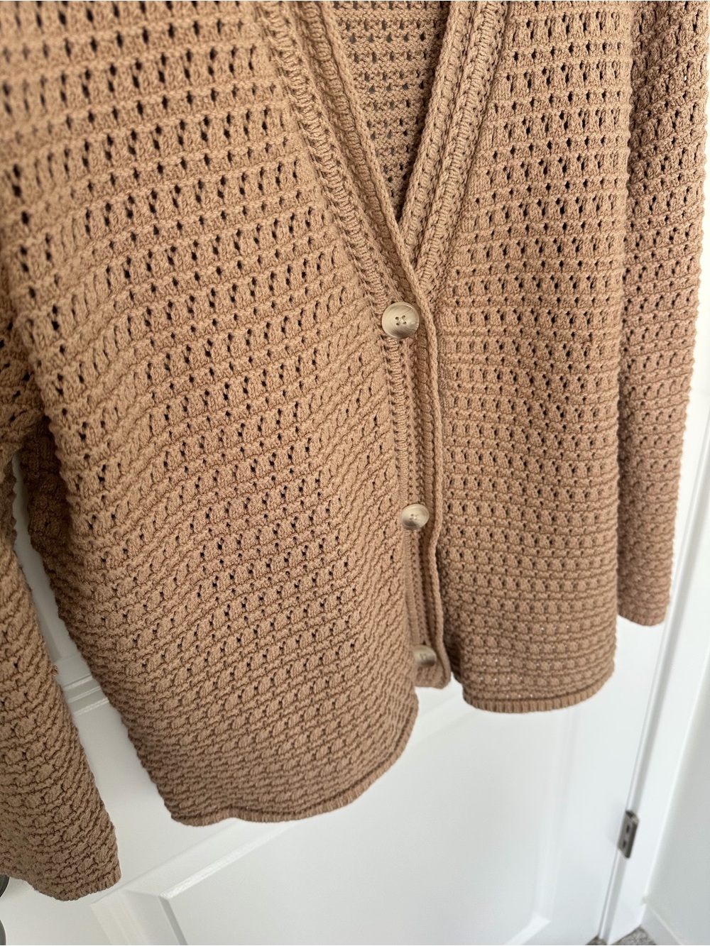 LOFT Women's Tan V-Neck Crochet Button-Front Cardigan - Picture 3 of 8